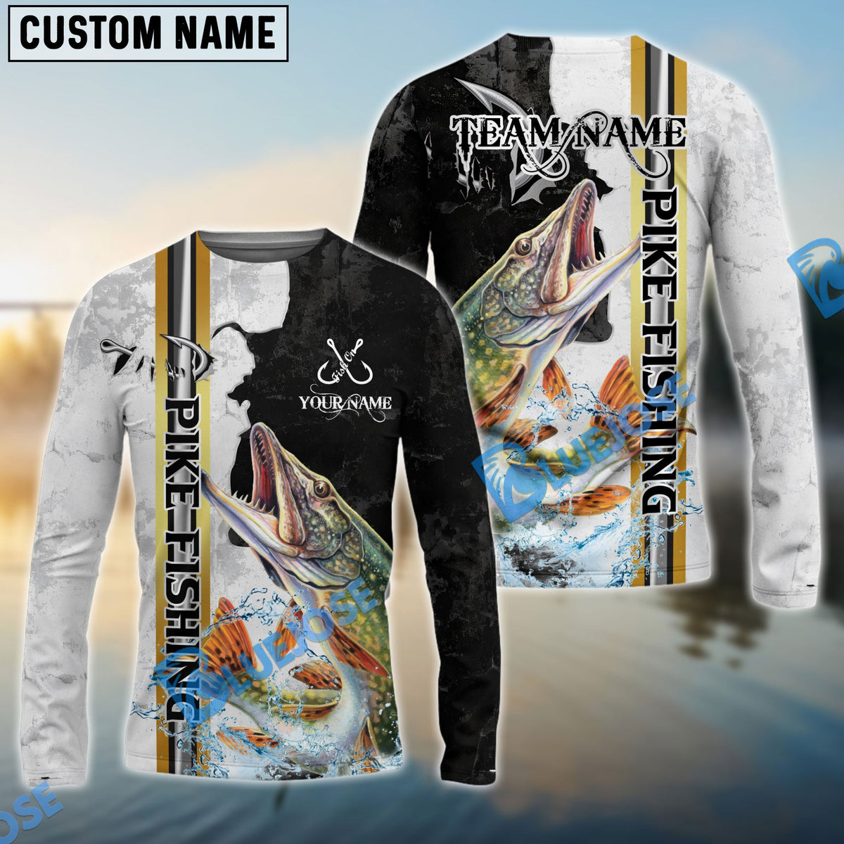 Bluejose Pike Fishing Split Grunge Splash Design Custom Name &amp; Team Name 3D Shirts