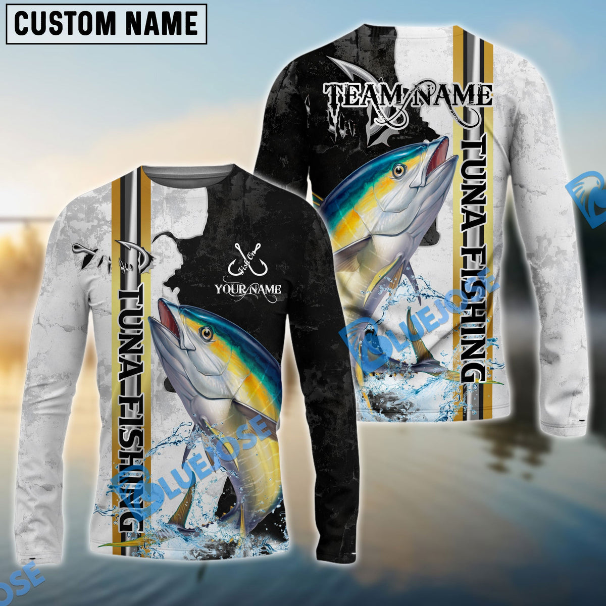 Bluejose Tuna Fishing Split Grunge Splash Design Custom Name &amp; Team Name 3D Shirts