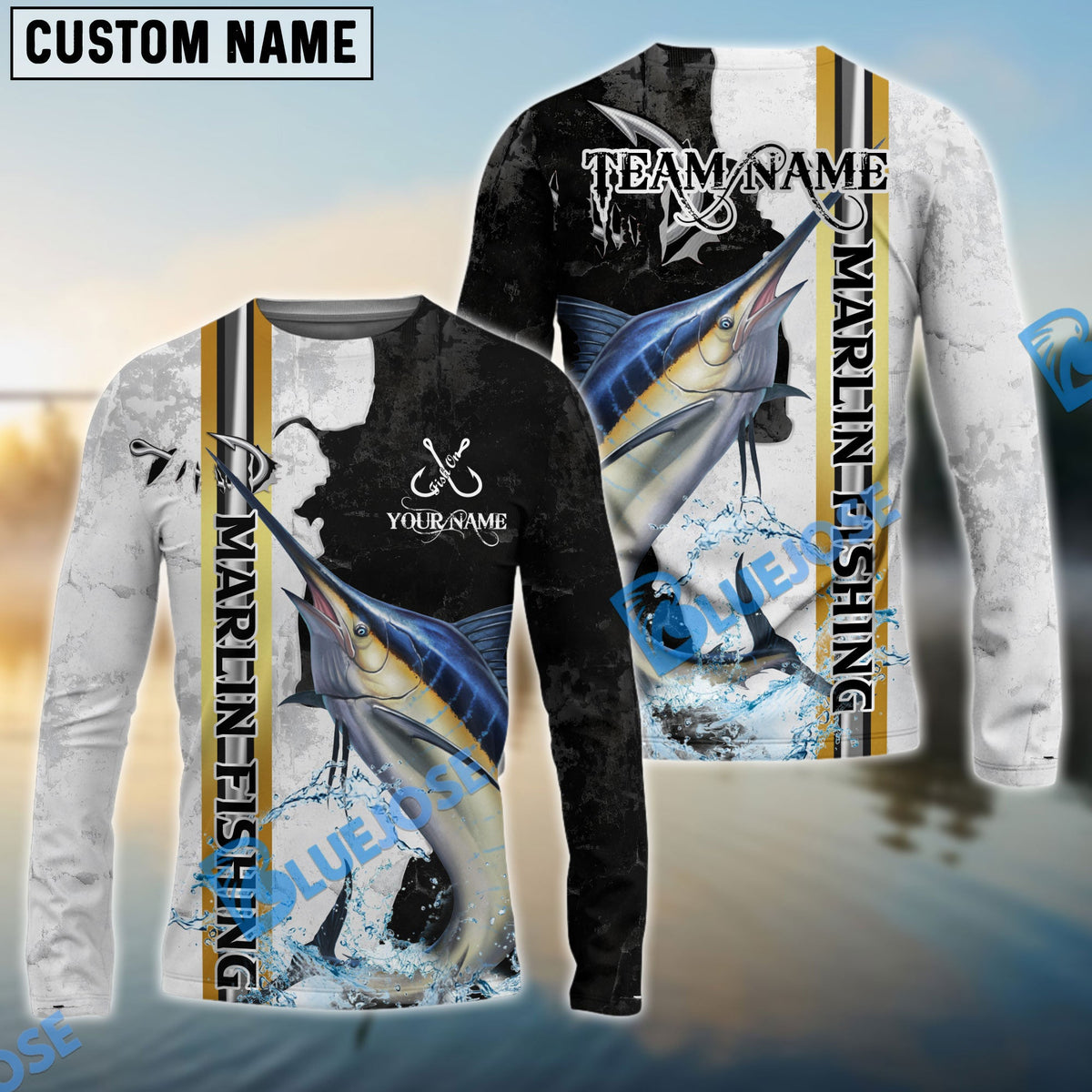 Bluejose Marlin Fishing Split Grunge Splash Design Custom Name &amp; Team Name 3D Shirts