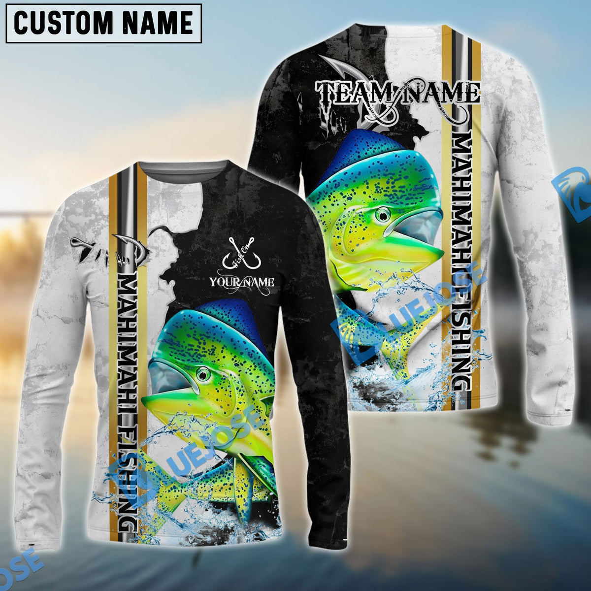 Bluejose Mahi-Mahi Fishing Split Grunge Splash Design Custom Name &amp; Team Name 3D Shirts