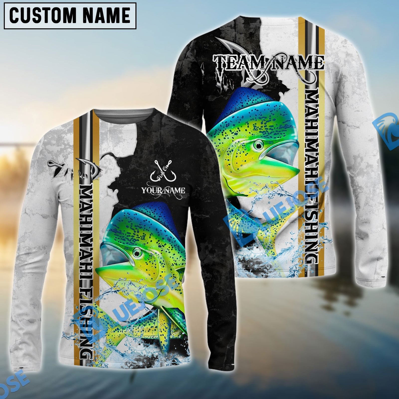 Bluejose Mahi-Mahi Fishing Split Grunge Splash Design Custom Name & Team Name 3D Shirts