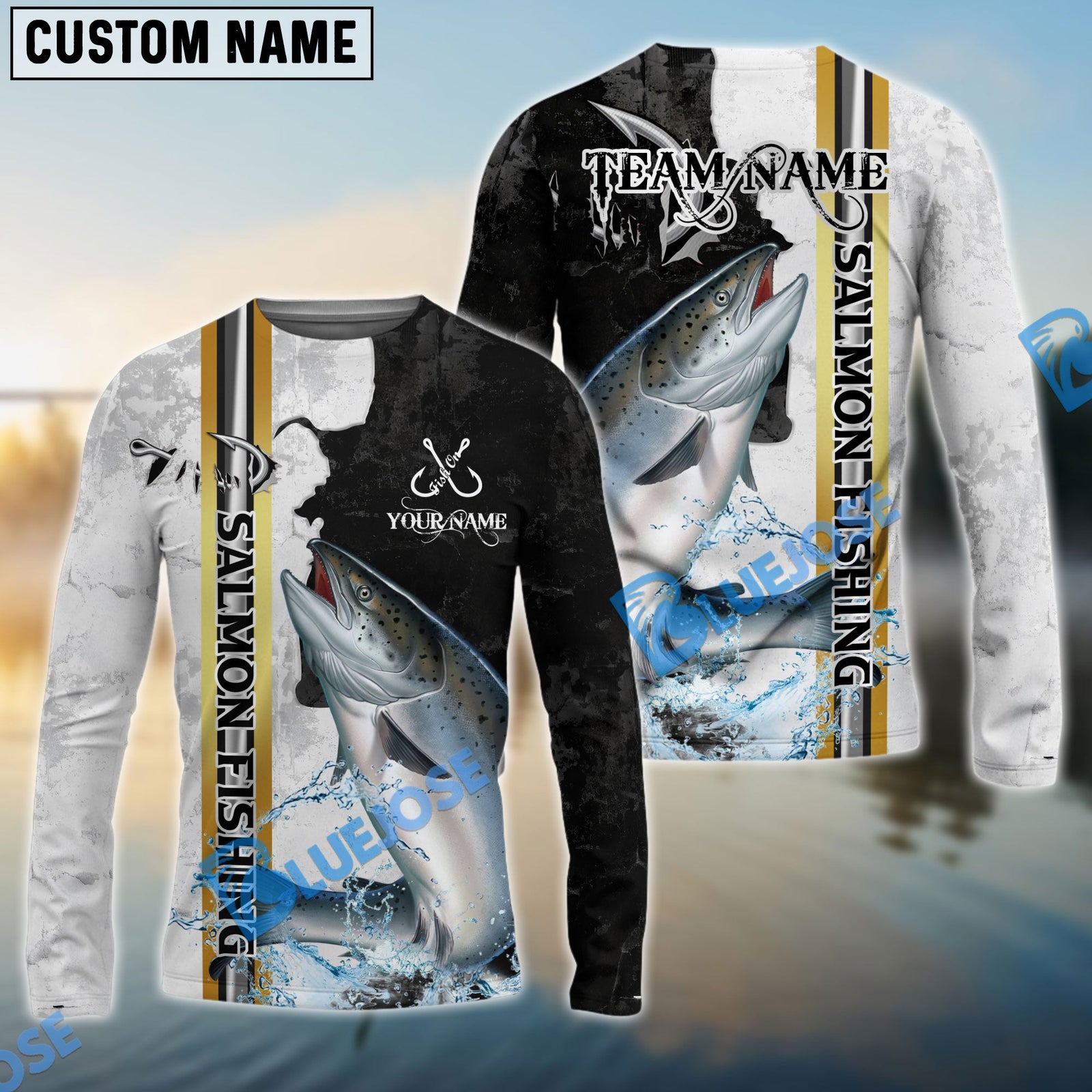 Bluejose Salmon Fishing Split Grunge Splash Design Custom Name & Team Name 3D Shirts