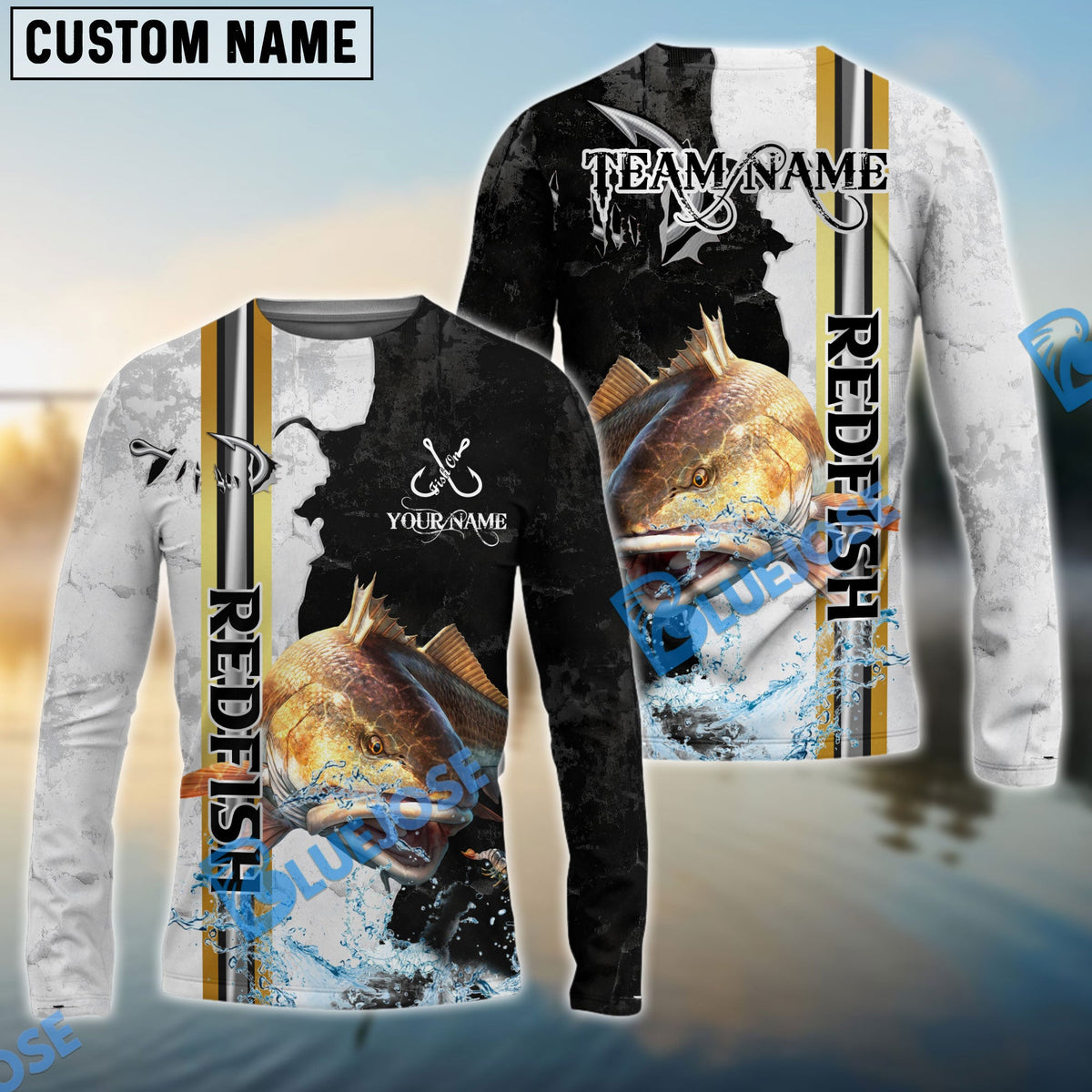 Bluejose Redfish Fishing Split Grunge Splash Design Custom Name &amp; Team Name 3D Shirts