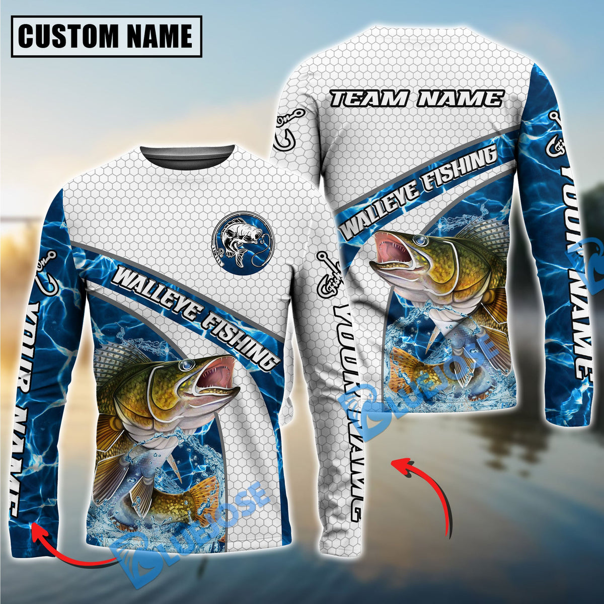 Bluejose Walleye Fishing Honeycomb Electric Water Splash Custom Name &amp; Team Name 3D Shirts
