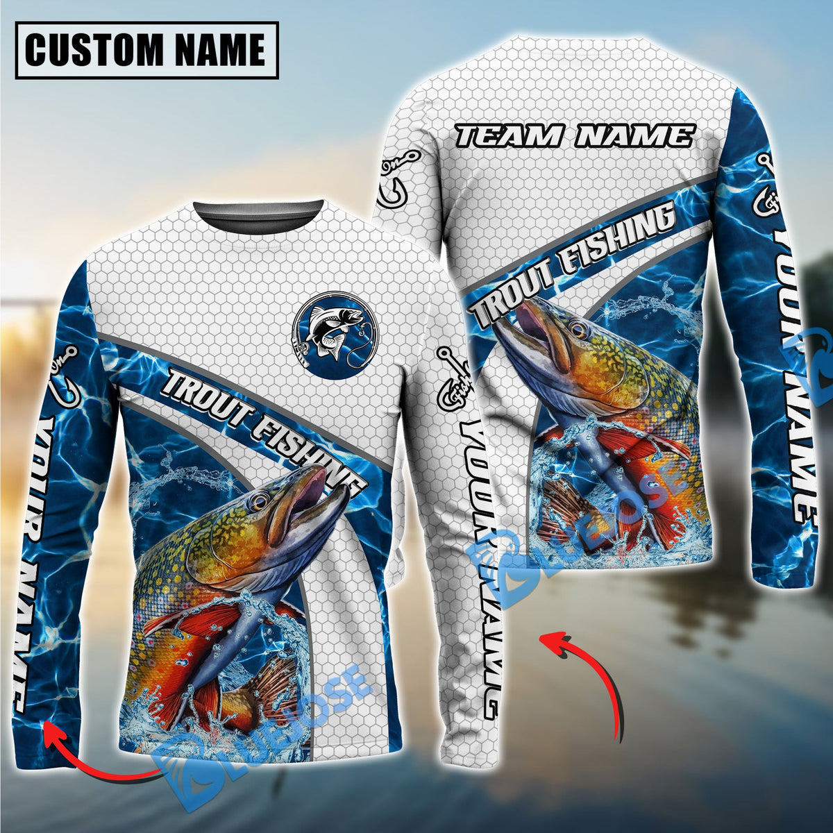 Bluejose Trout Fishing Honeycomb Electric Water Splash Custom Name &amp; Team Name 3D Shirts