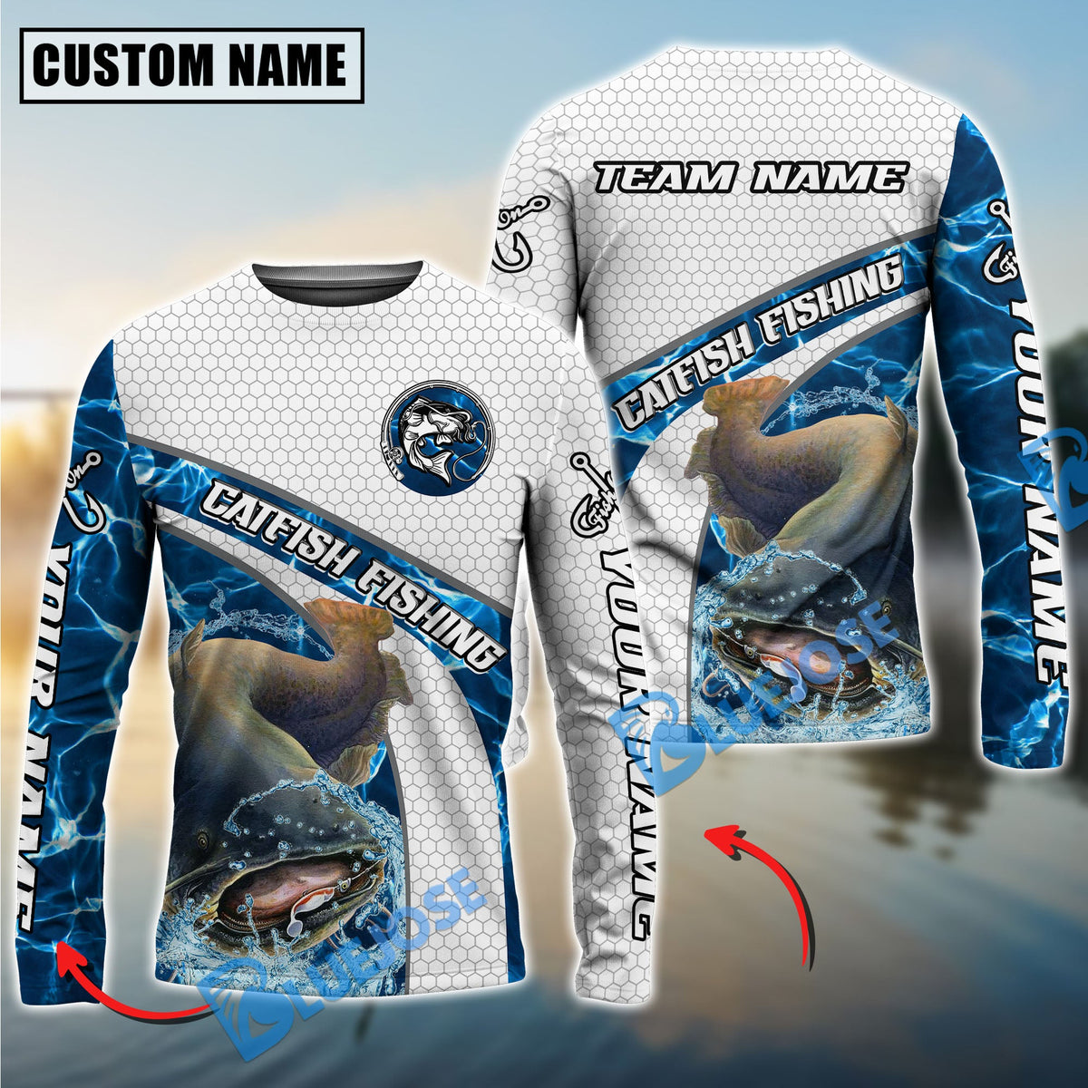 Bluejose Catfish Fishing Honeycomb Electric Water Splash Custom Name &amp; Team Name 3D Shirts
