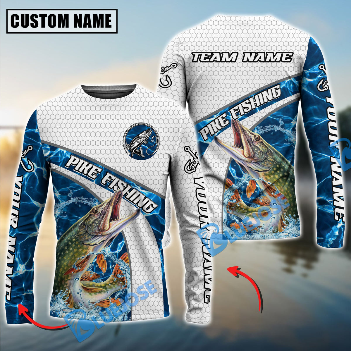 Bluejose Pike Fishing Honeycomb Electric Water Splash Custom Name &amp; Team Name 3D Shirts