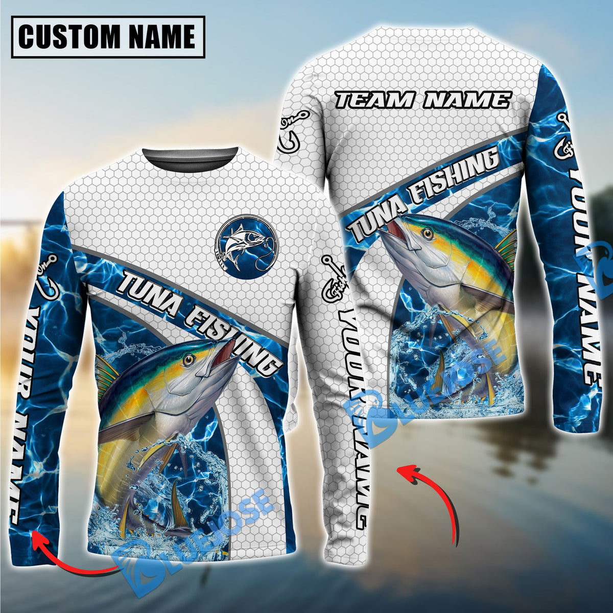 Bluejose Tuna Fishing Honeycomb Electric Water Splash Custom Name &amp; Team Name 3D Shirts