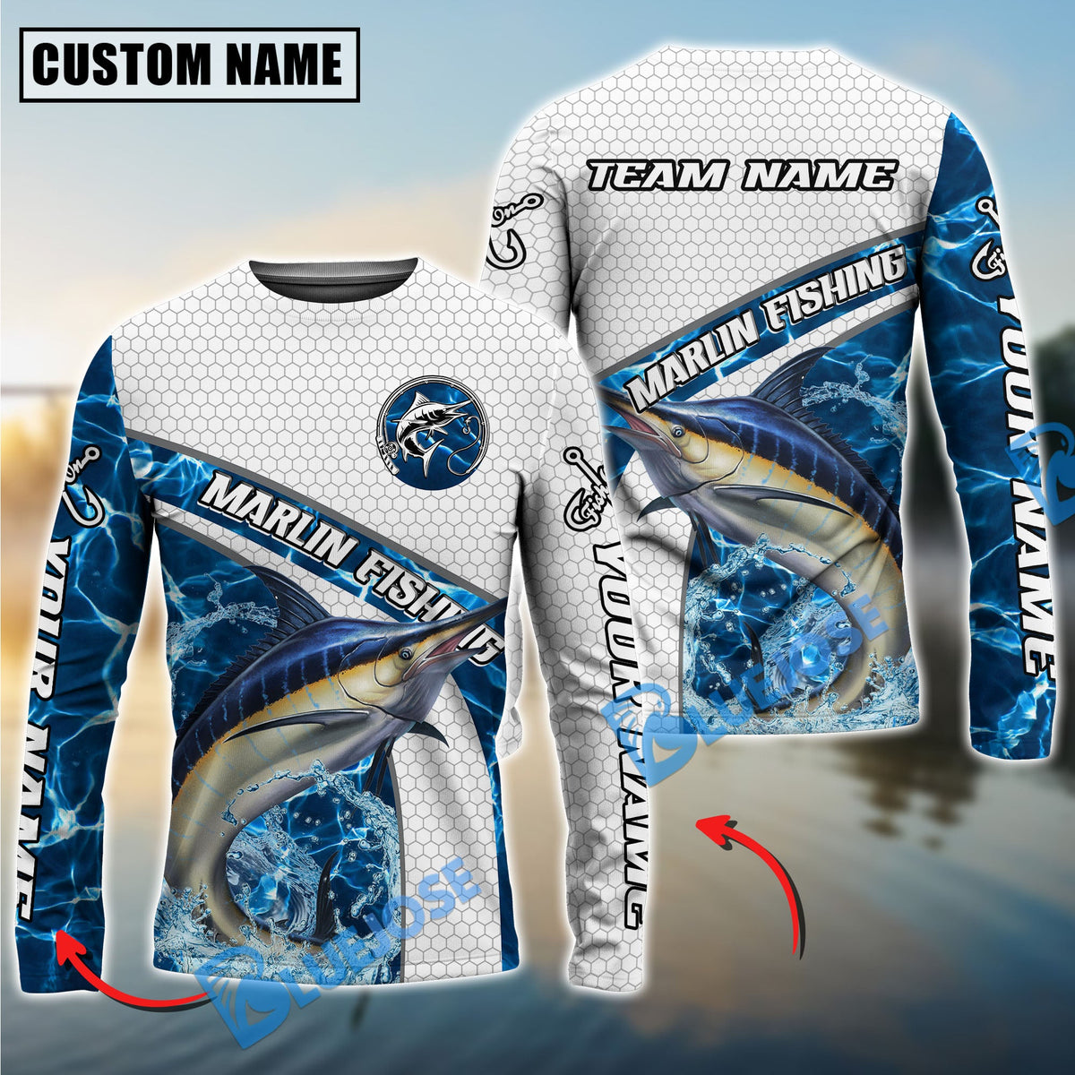 Bluejose Marlin Fishing Honeycomb Electric Water Splash Custom Name &amp; Team Name 3D Shirts
