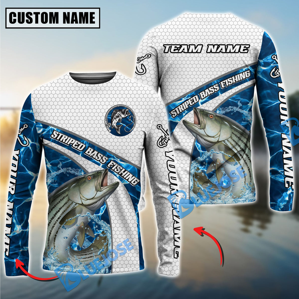 Bluejose Striped Bass Fishing Honeycomb Electric Water Splash Custom Name &amp; Team Name 3D Shirts