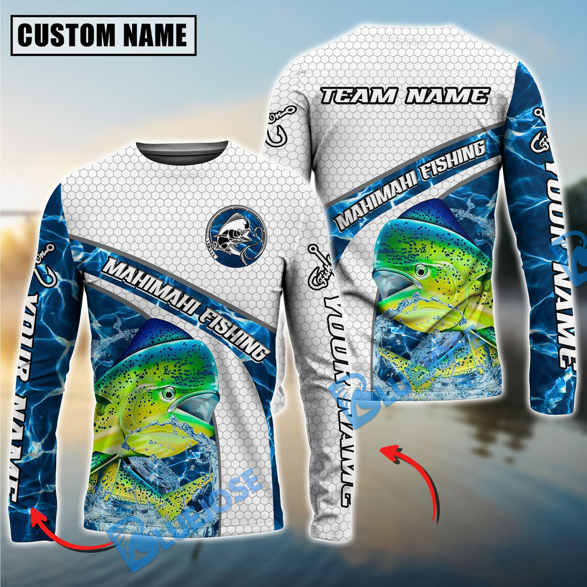 Bluejose Mahi-Mahi Fishing Honeycomb Electric Water Splash Custom Name &amp; Team Name 3D Shirts