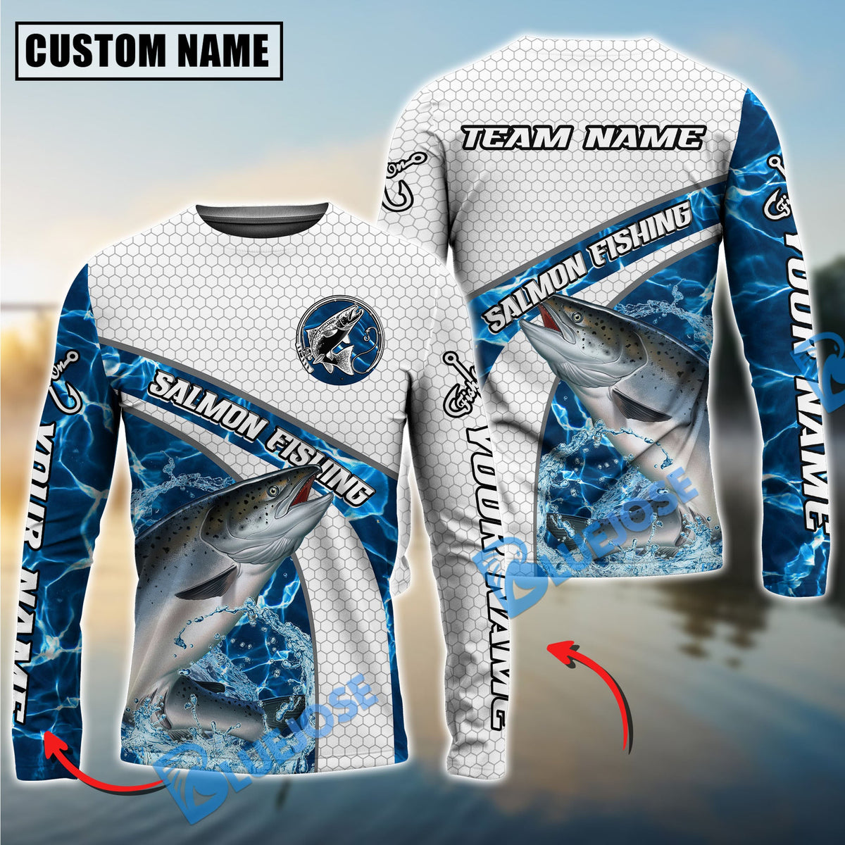 Bluejose Salmon Fishing Honeycomb Electric Water Splash Custom Name &amp; Team Name 3D Shirts