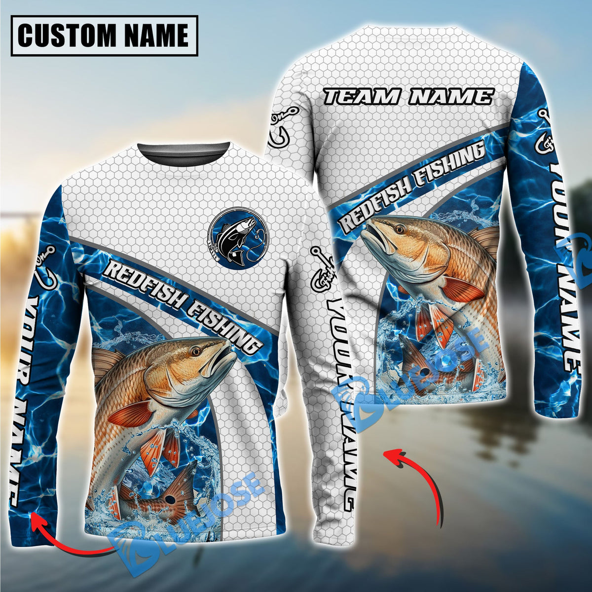 Bluejose Redfish Fishing Honeycomb Electric Water Splash Custom Name &amp; Team Name 3D Shirts