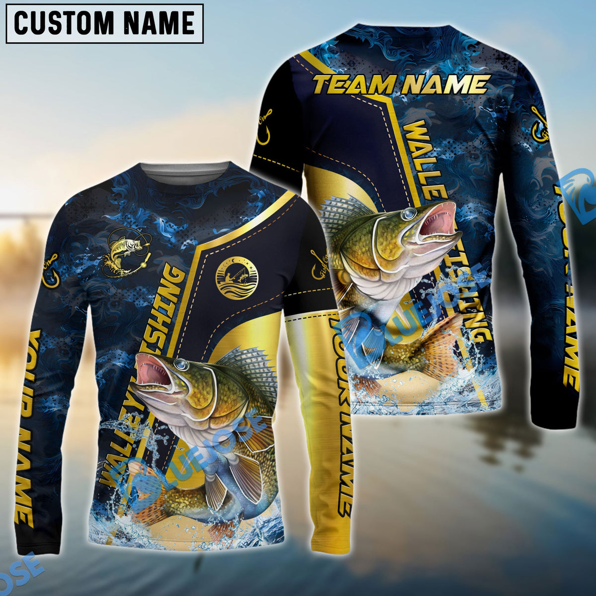 Bluejose Walleye Fishing Ocean Wave Gold Luxury Pattern Custom Name &amp; Team Name 3D Shirts