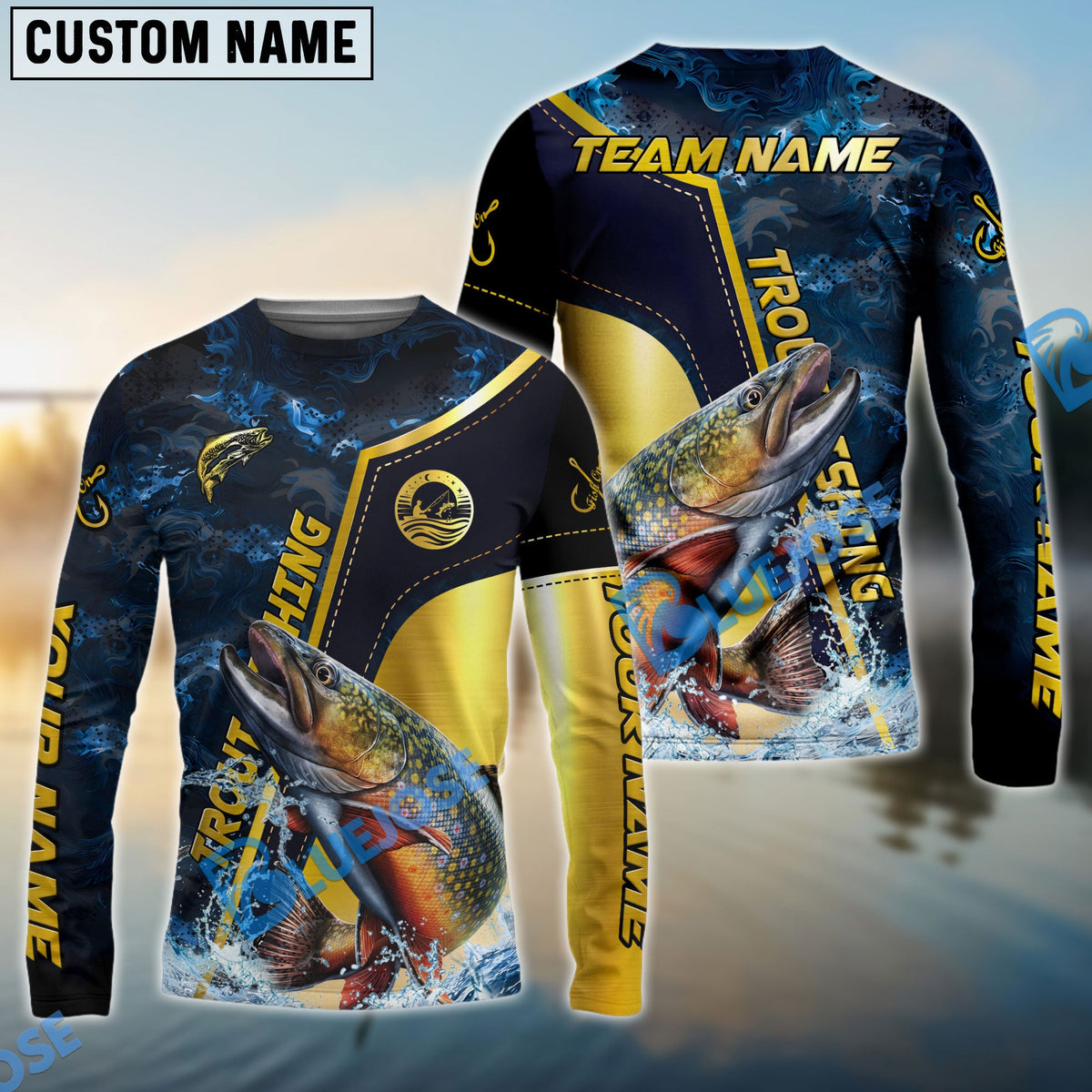 Bluejose Trout Fishing Ocean Wave Gold Luxury Pattern Custom Name &amp; Team Name 3D Shirts