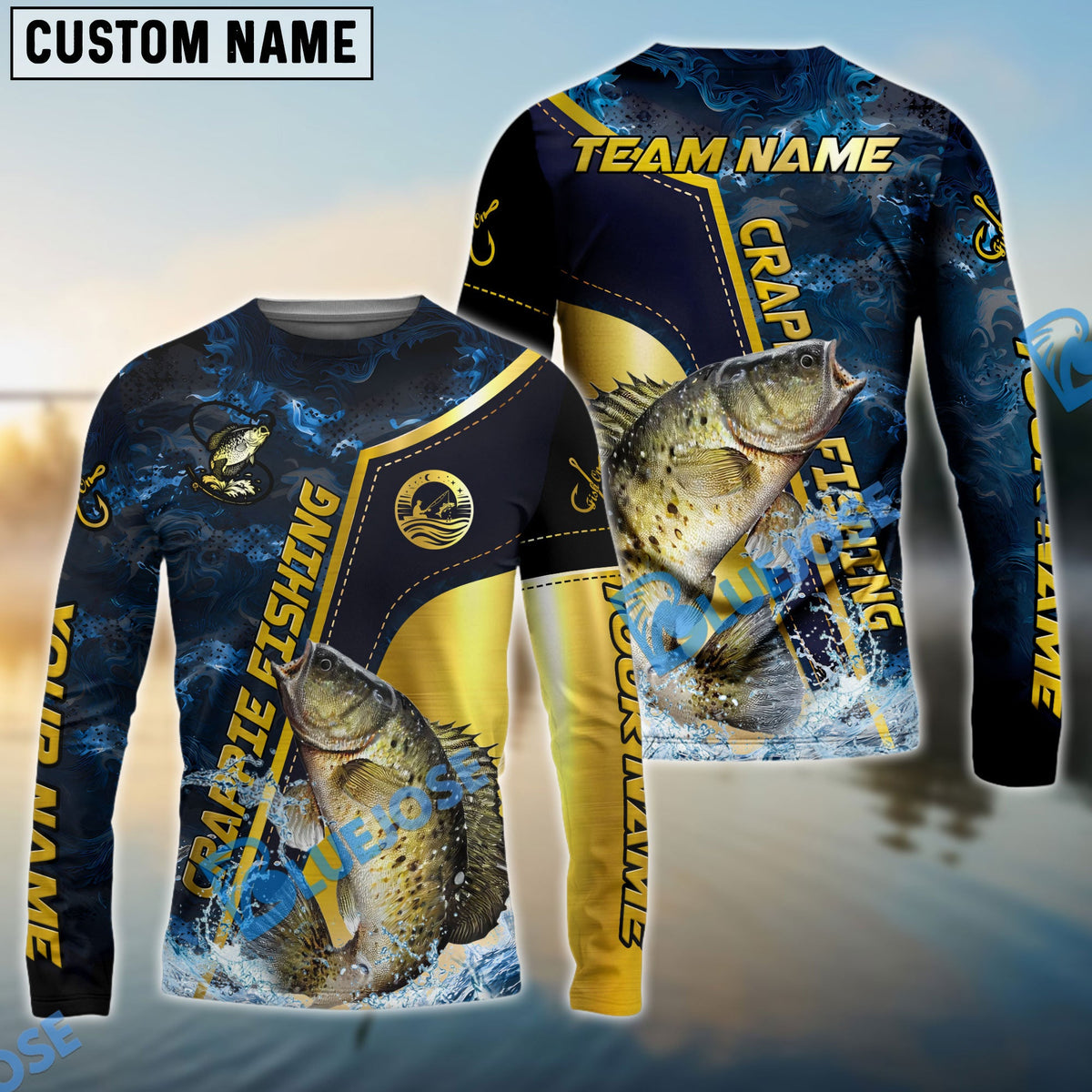 Bluejose Crappie Fishing Ocean Wave Gold Luxury Pattern Custom Name &amp; Team Name 3D Shirts