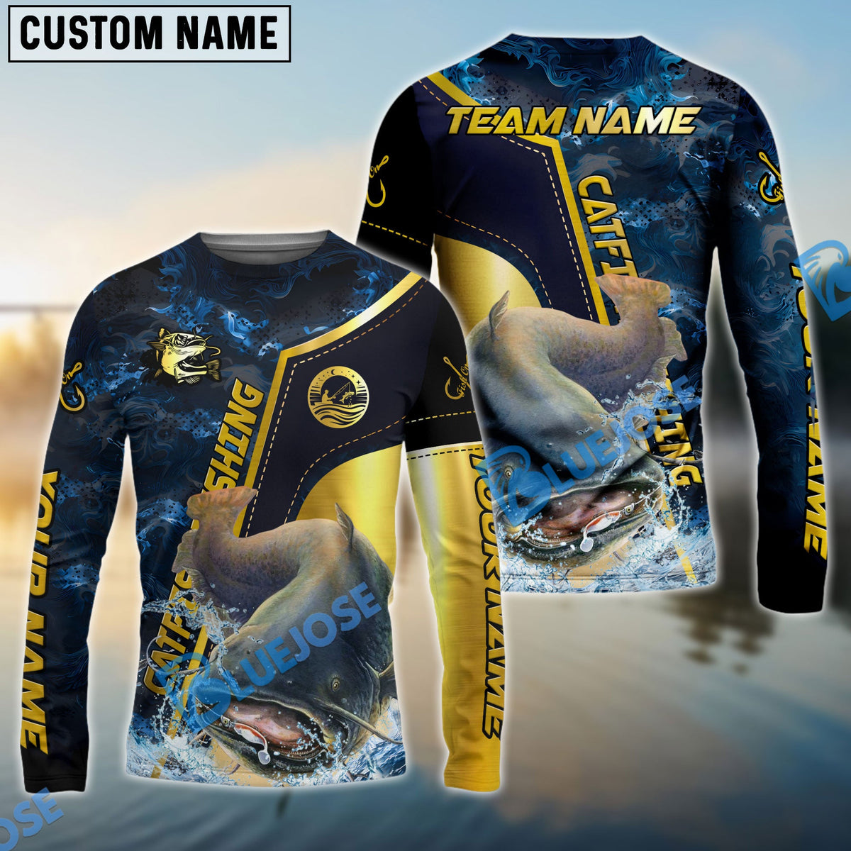Bluejose Catfish Fishing Ocean Wave Gold Luxury Pattern Custom Name &amp; Team Name 3D Shirts