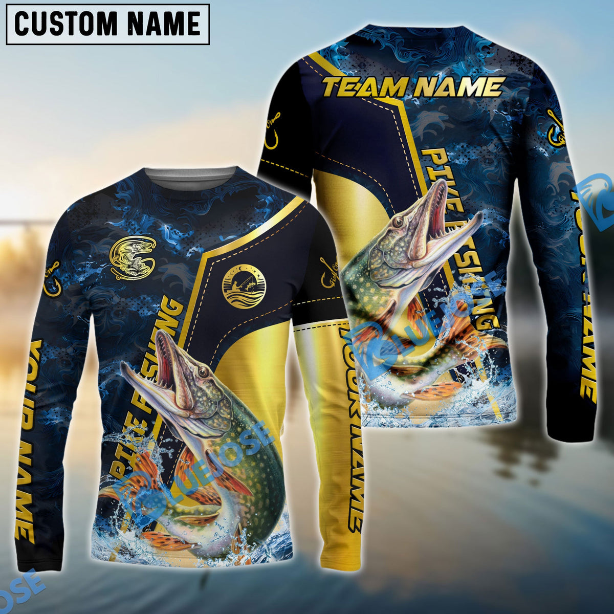 Bluejose Pike Fishing Ocean Wave Gold Luxury Pattern Custom Name &amp; Team Name 3D Shirts