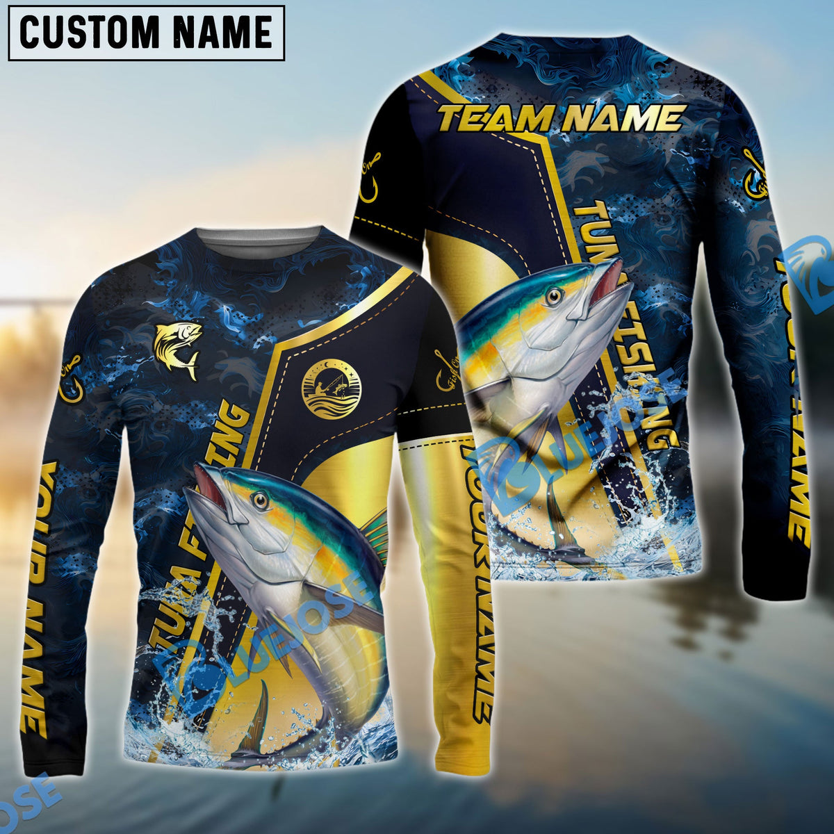 Bluejose Tuna Fishing Ocean Wave Gold Luxury Pattern Custom Name &amp; Team Name 3D Shirts