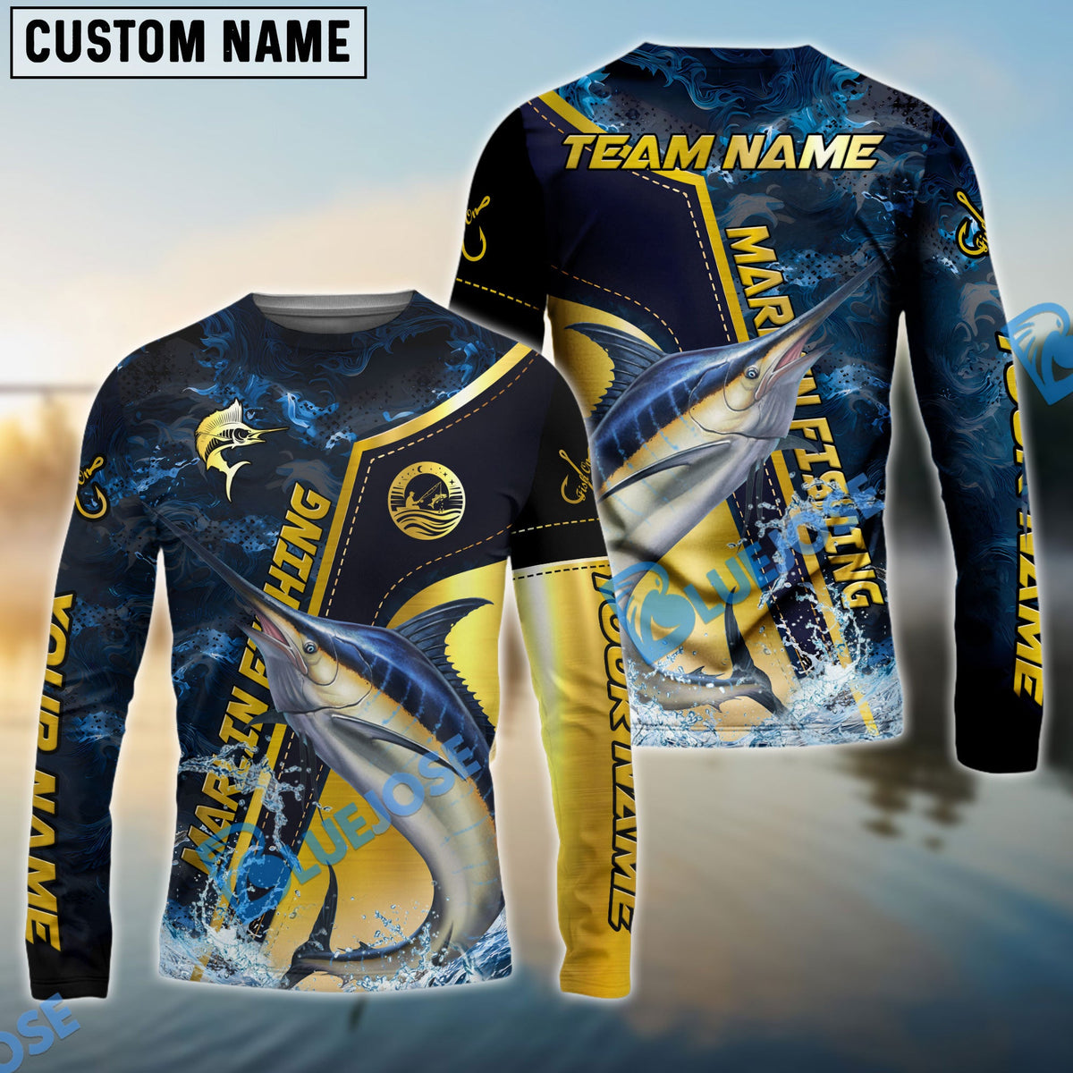 Bluejose Marlin Fishing Ocean Wave Gold Luxury Pattern Custom Name &amp; Team Name 3D Shirts