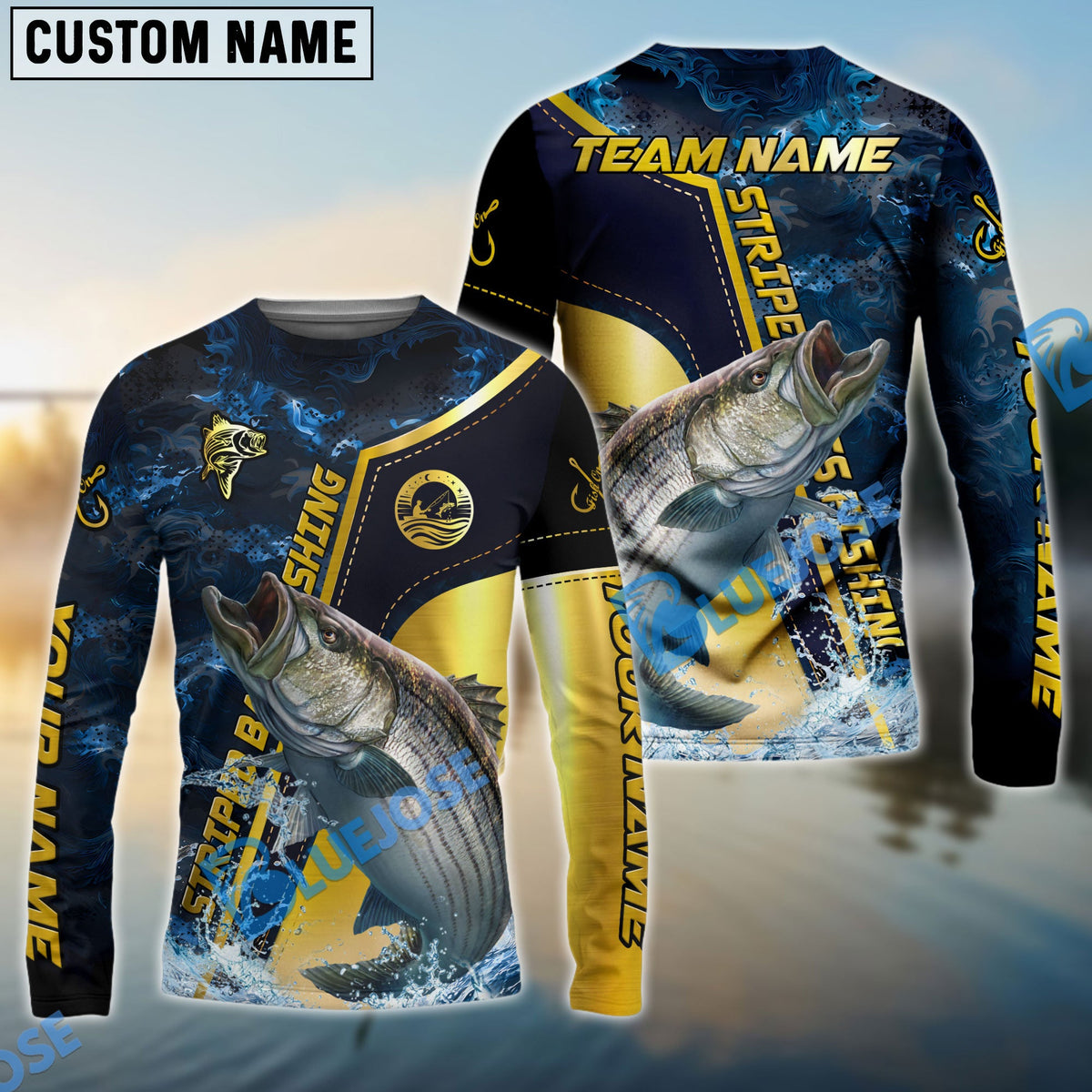 Bluejose Striped Bass Fishing Ocean Wave Gold Luxury Pattern Custom Name &amp; Team Name 3D Shirts