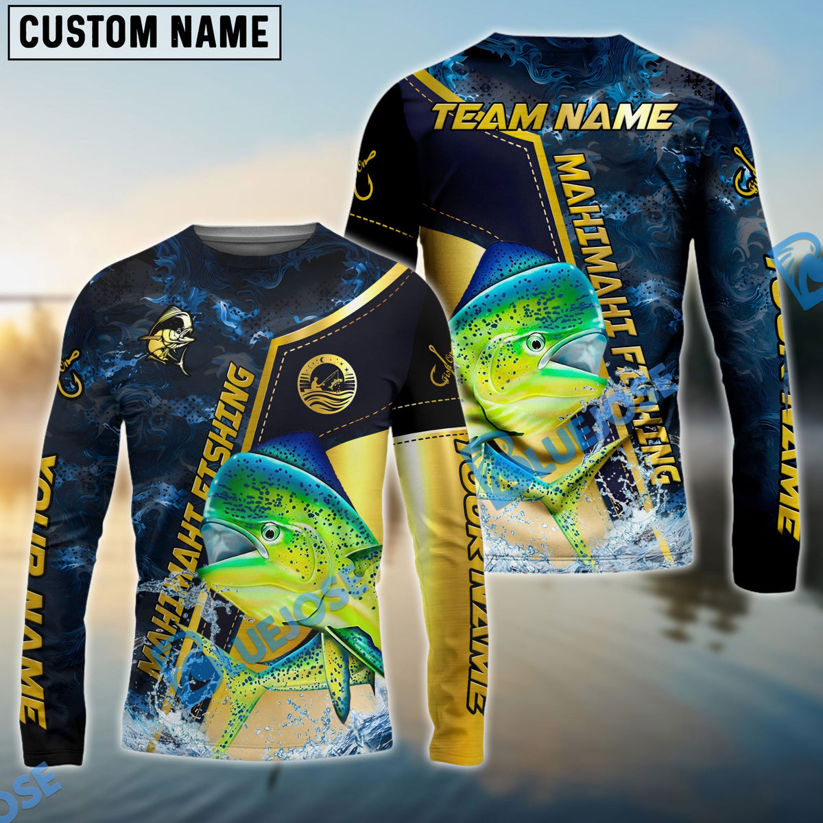 Bluejose Mahi-Mahi Fishing Ocean Wave Gold Luxury Pattern Custom Name &amp; Team Name 3D Shirts