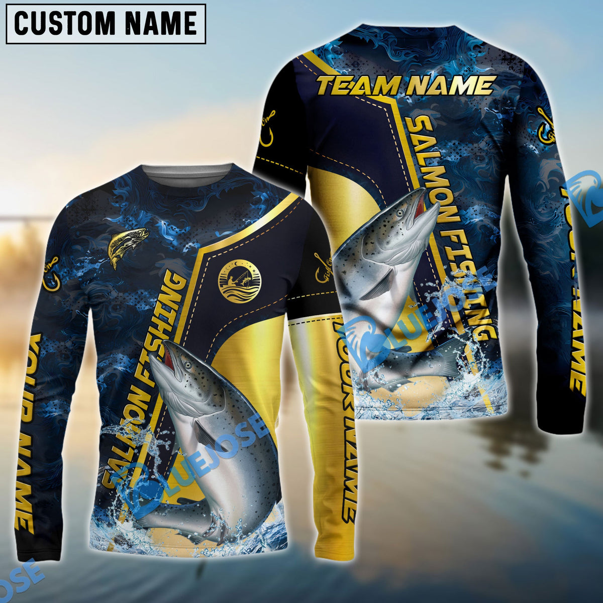 Bluejose Salmon Fishing Ocean Wave Gold Luxury Pattern Custom Name &amp; Team Name 3D Shirts