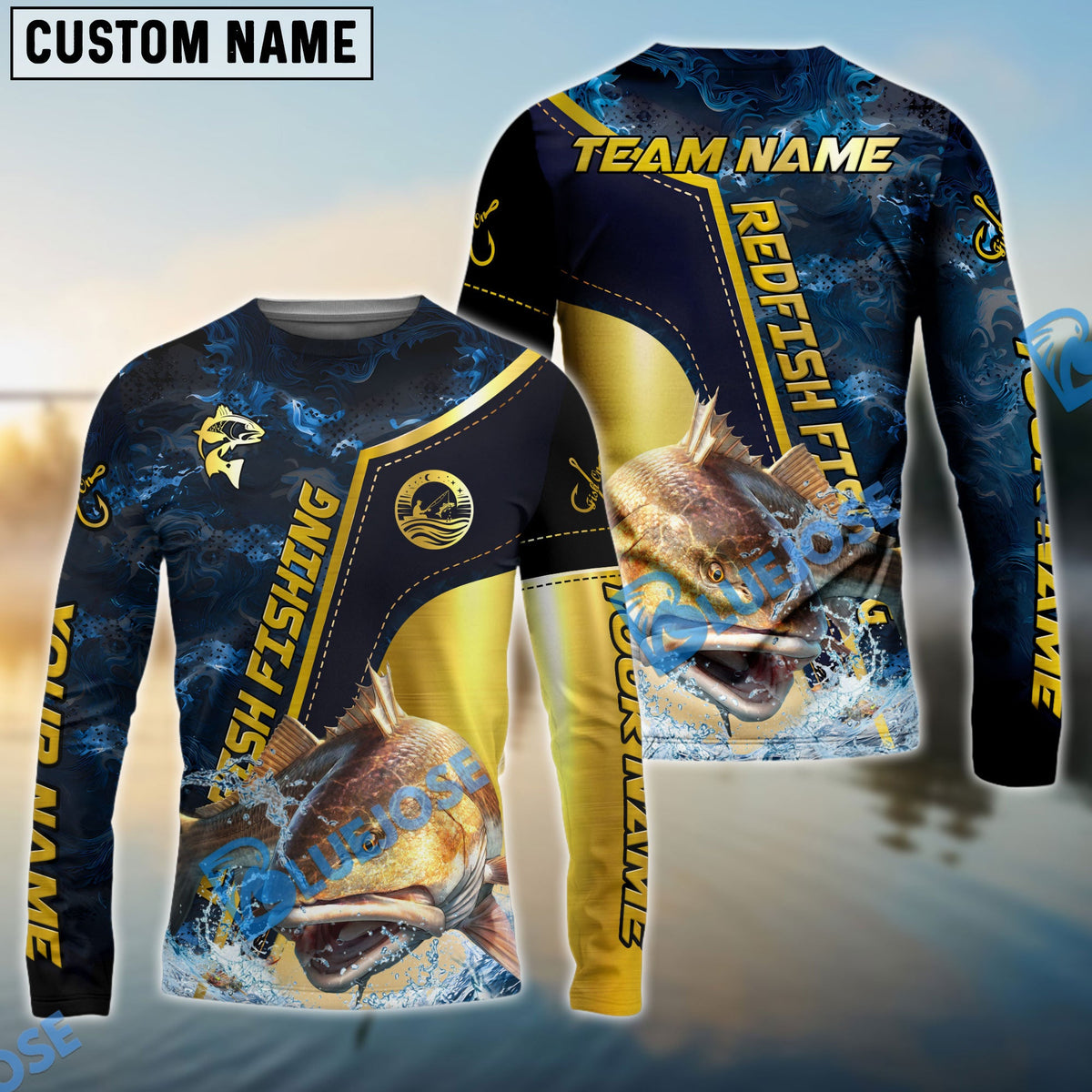 Bluejose Redfish Fishing Ocean Wave Gold Luxury Pattern Custom Name &amp; Team Name 3D Shirts