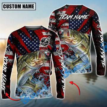 Bluejose Bass Fishing American Flag Grunge Red Scratch Custom Name & Team Name 3D Shirts