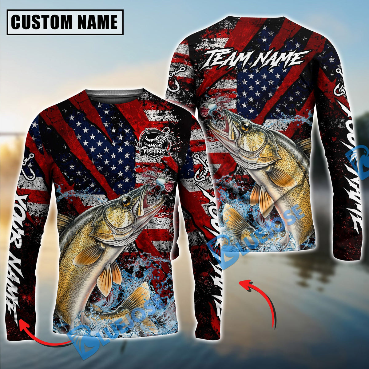 Bluejose Walleye Fishing American Flag Grunge Red Scratch Custom Name &amp; Team Name 3D Shirts