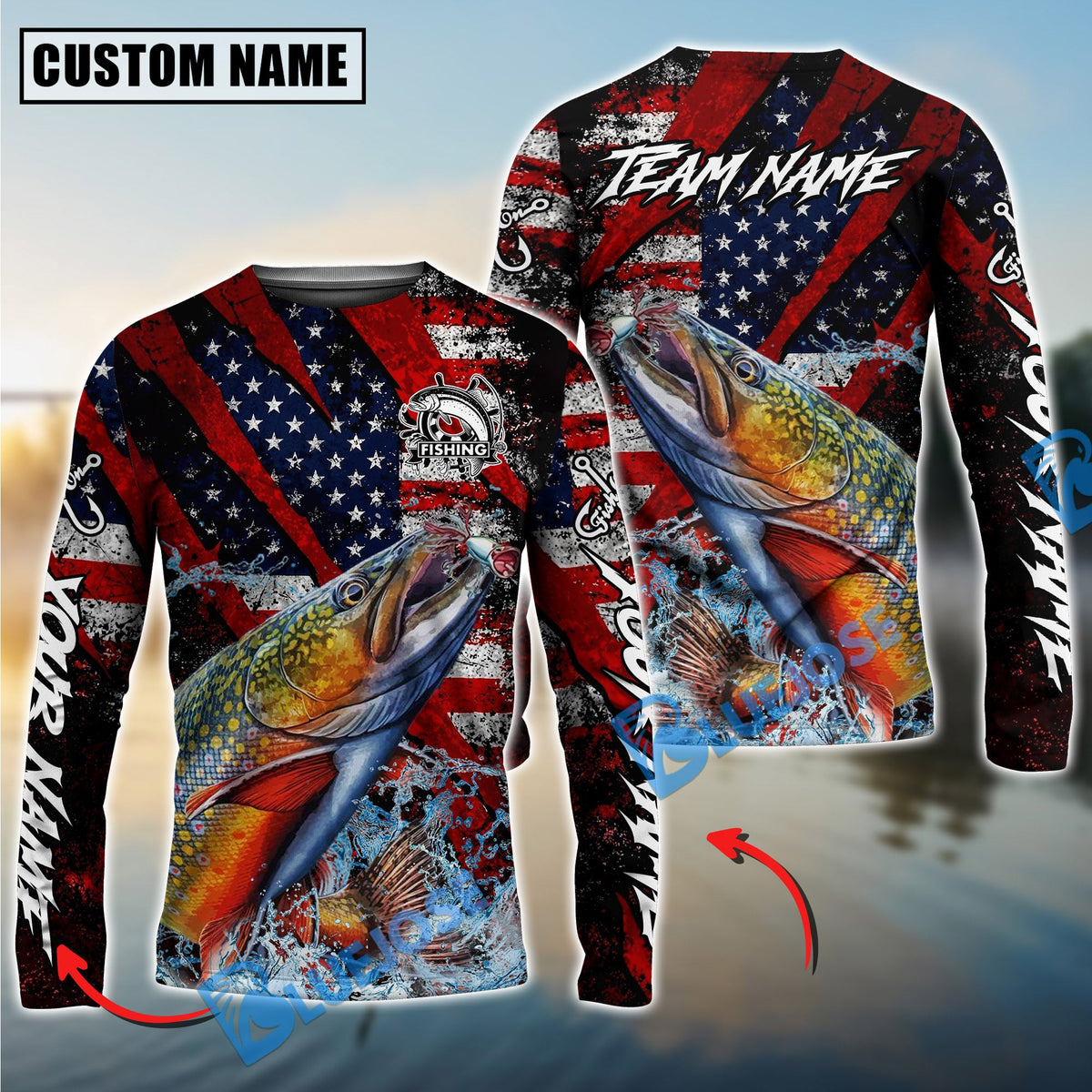 Bluejose Trout Fishing American Flag Grunge Red Scratch Custom Name &amp; Team Name 3D Shirts