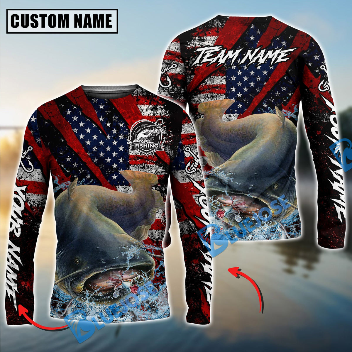 Bluejose Catfish Fishing American Flag Grunge Red Scratch Custom Name &amp; Team Name 3D Shirts