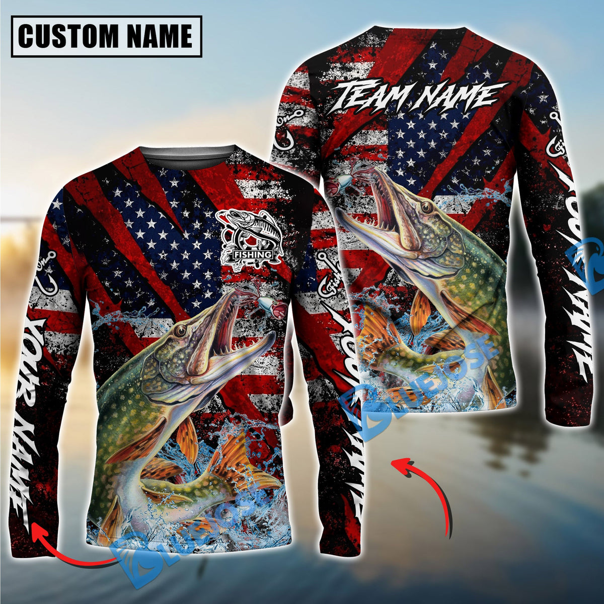 Bluejose Pike Fishing American Flag Grunge Red Scratch Custom Name &amp; Team Name 3D Shirts