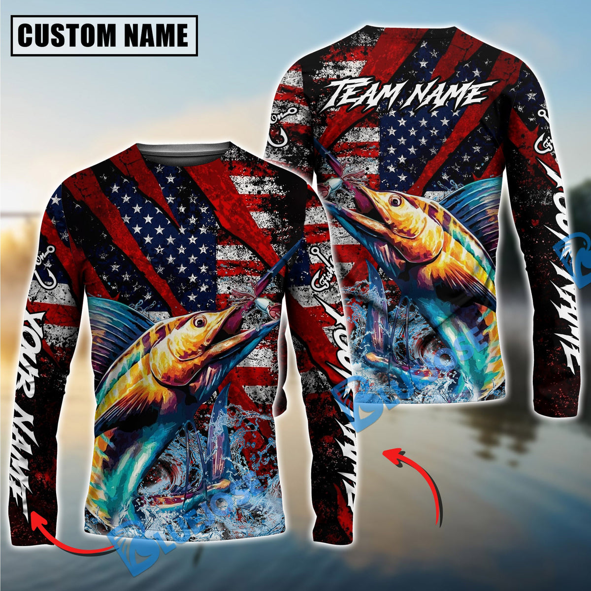 Bluejose Marlin Fishing American Flag Grunge Red Scratch Custom Name &amp; Team Name 3D Shirts