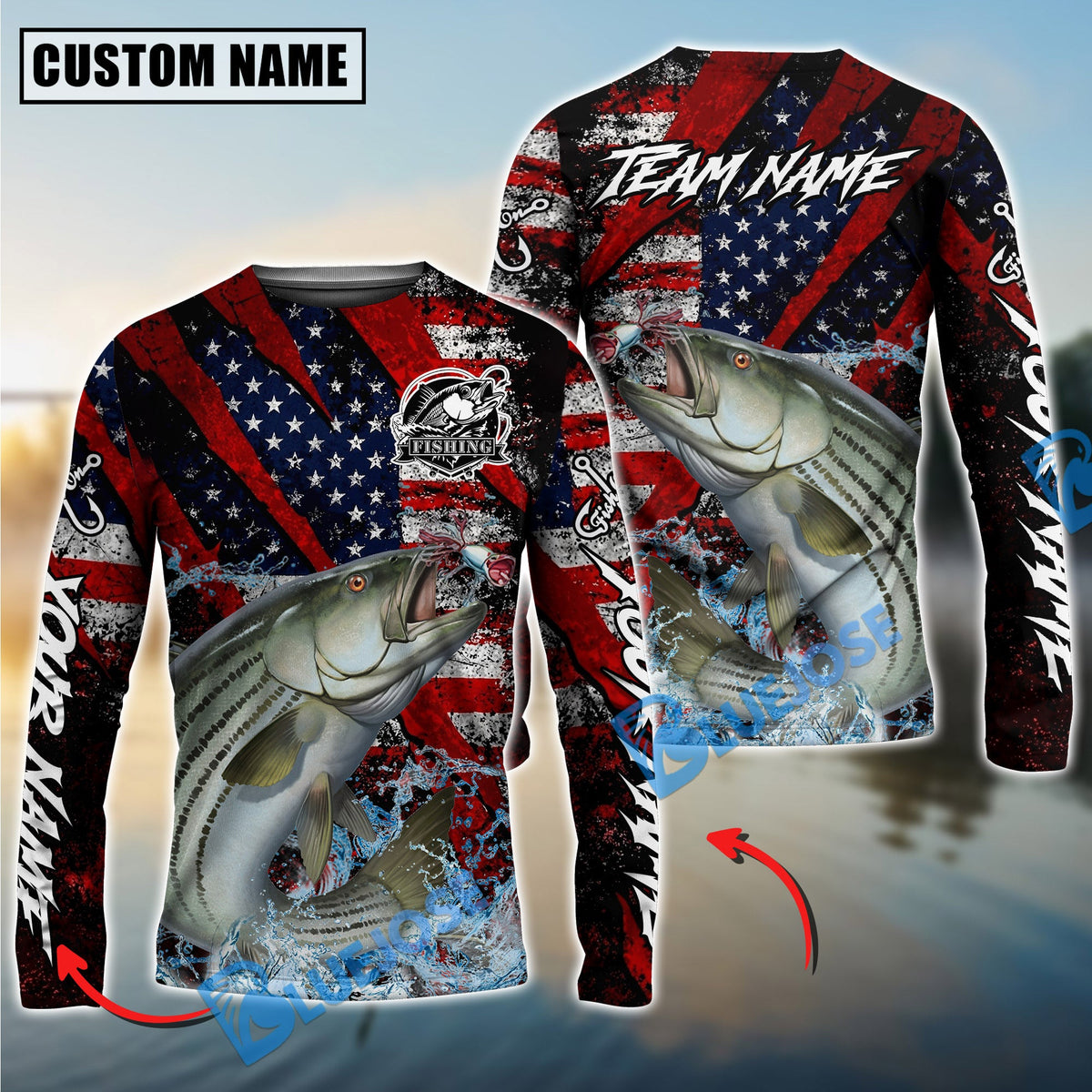 Bluejose Striped Bass Fishing American Flag Grunge Red Scratch Custom Name &amp; Team Name 3D Shirts
