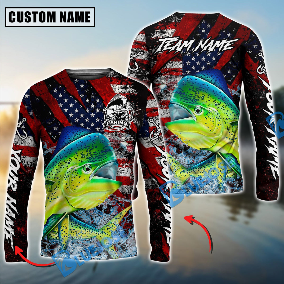 Bluejose Mahi-Mahi Fishing American Flag Grunge Red Scratch Custom Name &amp; Team Name 3D Shirts