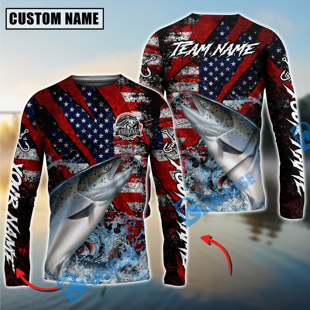 Bluejose Salmon Fishing American Flag Grunge Red Scratch Custom Name &amp; Team Name 3D Shirts