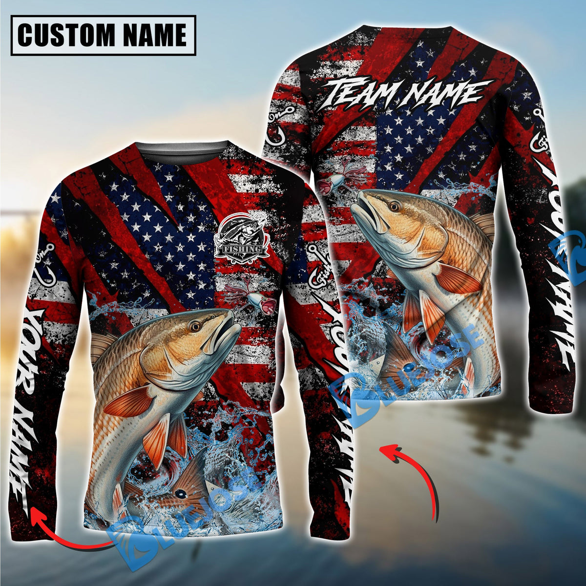 Bluejose Redfish Fishing American Flag Grunge Red Scratch Custom Name &amp; Team Name 3D Shirts