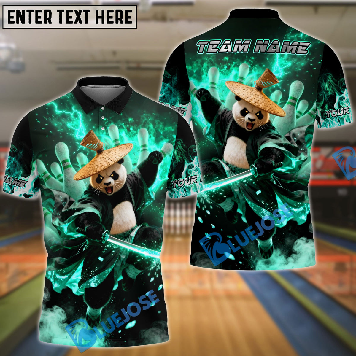 BlueJose Bowling & Pins Panda Warrior Fire Action Customized Name, Team Name 3D Shirt (4 Colors)