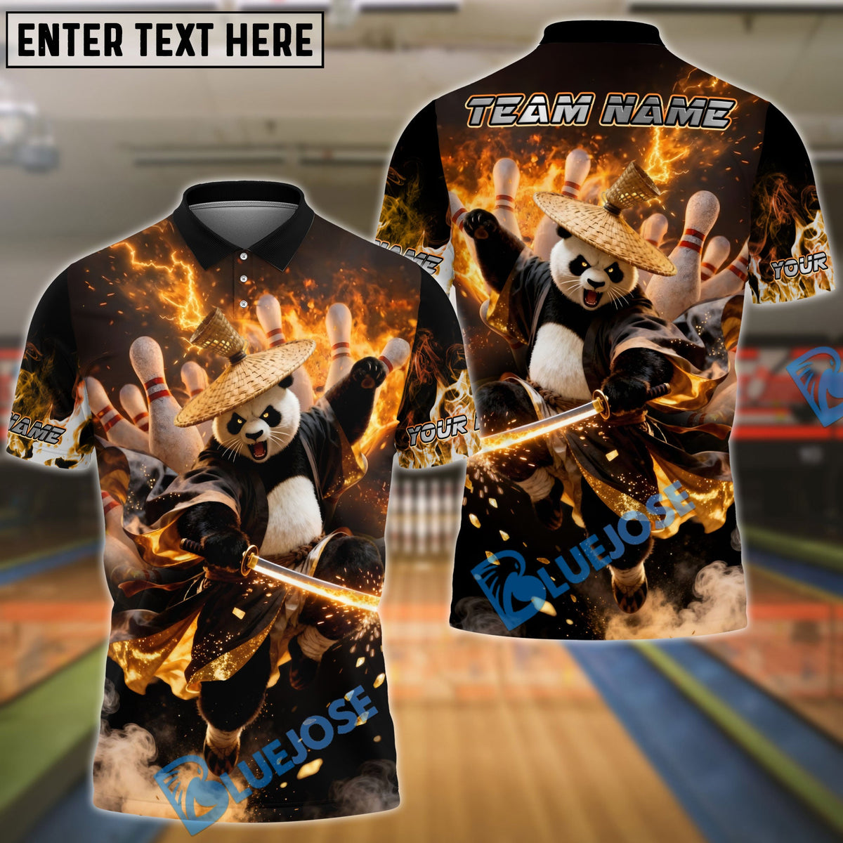 BlueJose Bowling &amp; Pins Panda Warrior Fire Action Customized Name, Team Name 3D Shirt (4 Colors)
