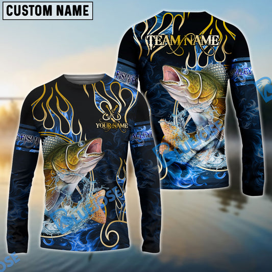 Bluejose Walleye Fishing Flame Dark Blue Luxury Pattern Custom Name & Team Name 3D Shirts