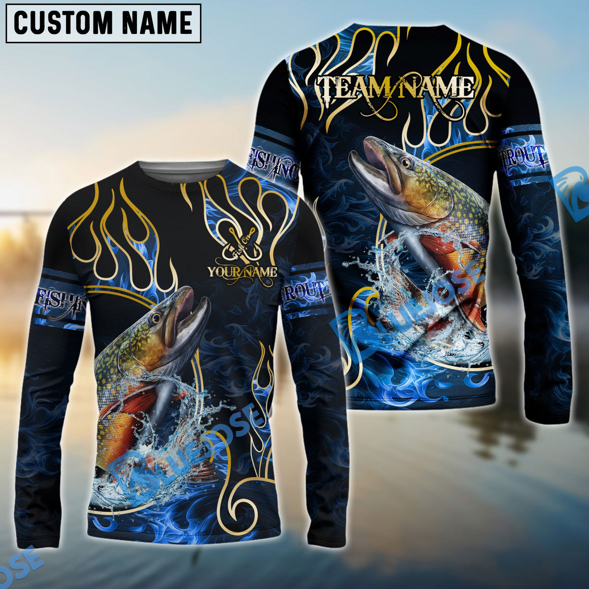 Bluejose Trout Fishing Flame Dark Blue Luxury Pattern Custom Name &amp; Team Name 3D Shirts