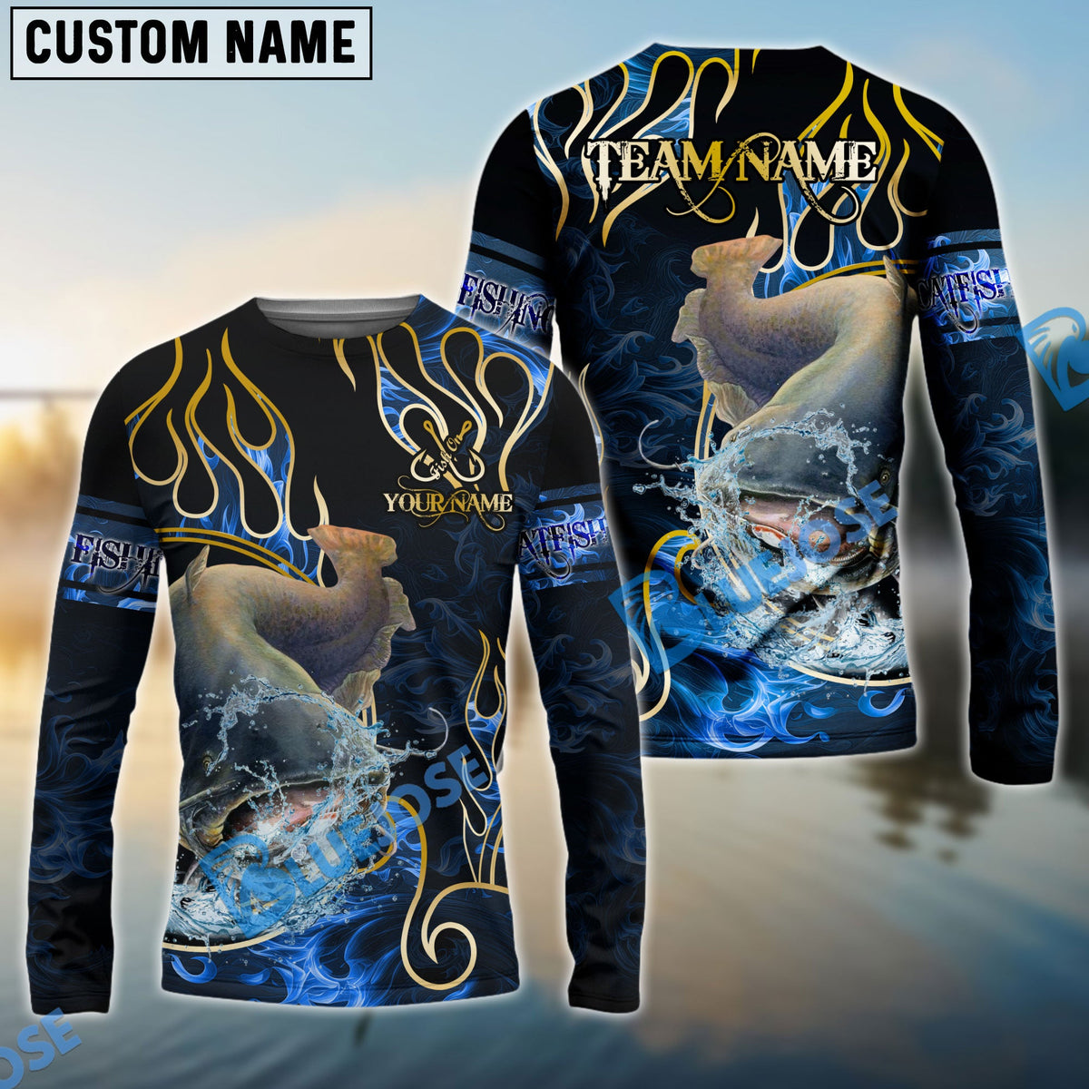 Bluejose Catfish Fishing Flame Dark Blue Luxury Pattern Custom Name &amp; Team Name 3D Shirts