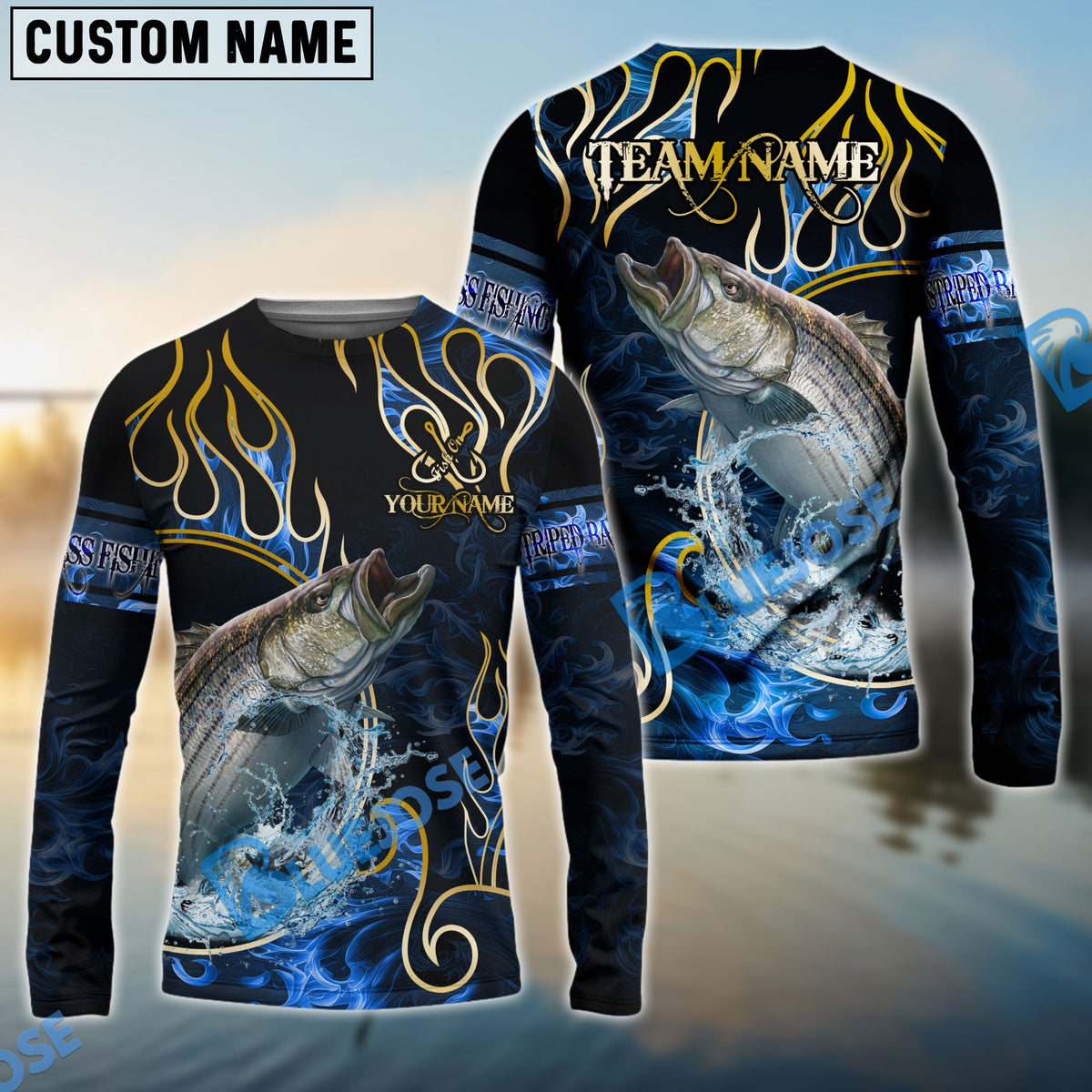 Bluejose Striped Bass Fishing Flame Dark Blue Luxury Pattern Custom Name &amp; Team Name 3D Shirts
