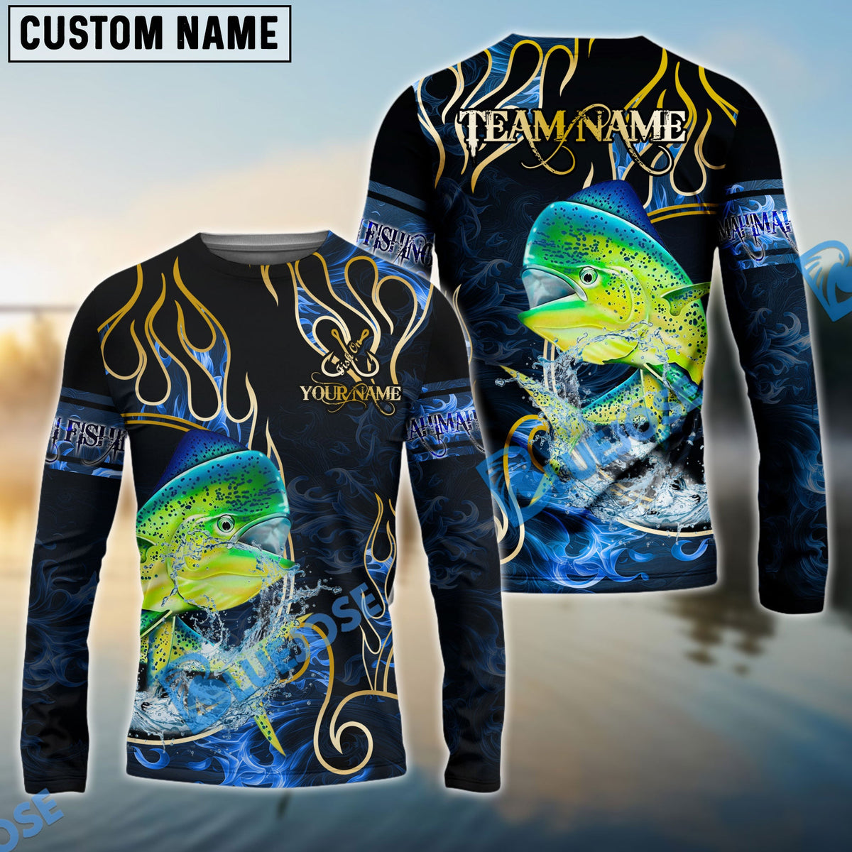 Bluejose Mahi-Mahi Fishing Flame Dark Blue Luxury Pattern Custom Name &amp; Team Name 3D Shirts