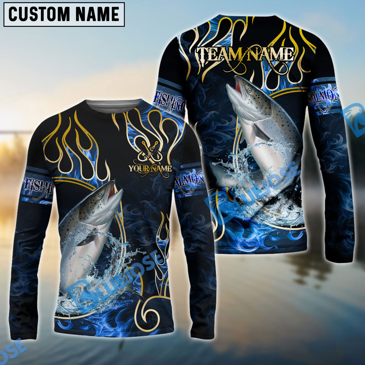 Bluejose Salmon Fishing Flame Dark Blue Luxury Pattern Custom Name &amp; Team Name 3D Shirts