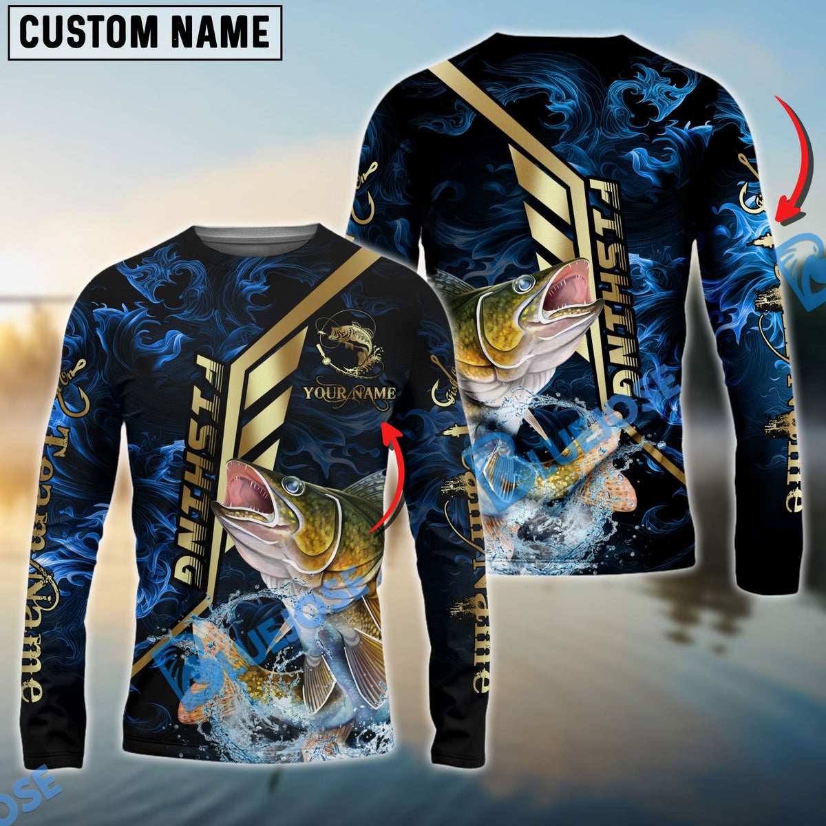Bluejose Walleye Fishing Gold Smoke Premium Sport Style Custom Name &amp; Team Name 3D Shirts