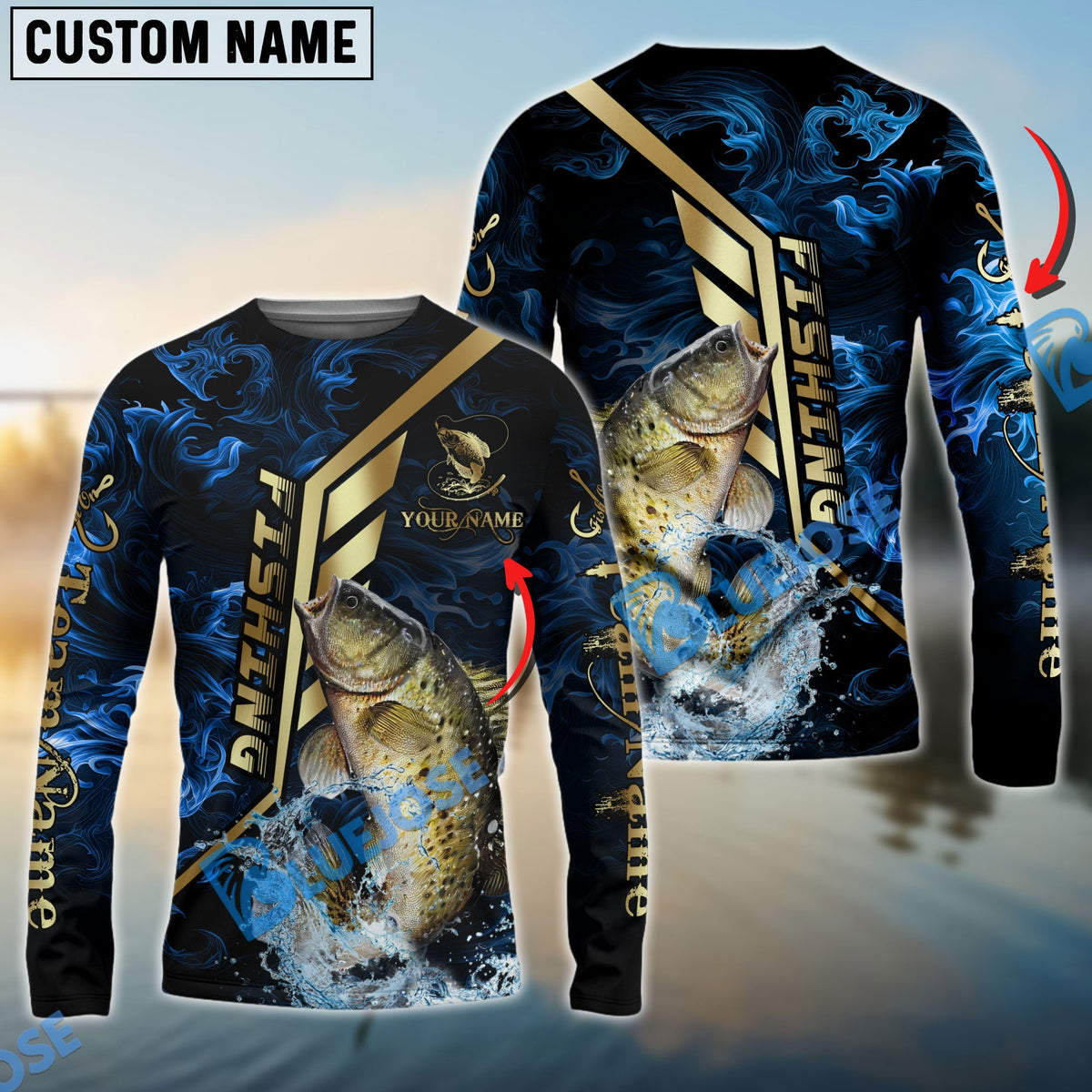 Bluejose Crappie Fishing Gold Smoke Premium Sport Style Custom Name &amp; Team Name 3D Shirts