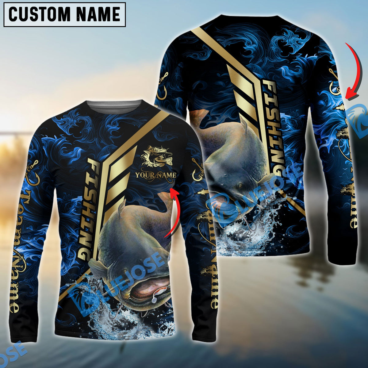 Bluejose Catfish Fishing Gold Smoke Premium Sport Style Custom Name &amp; Team Name 3D Shirts