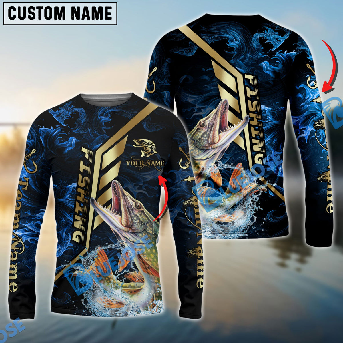 Bluejose Pike Fishing Gold Smoke Premium Sport Style Custom Name &amp; Team Name 3D Shirts